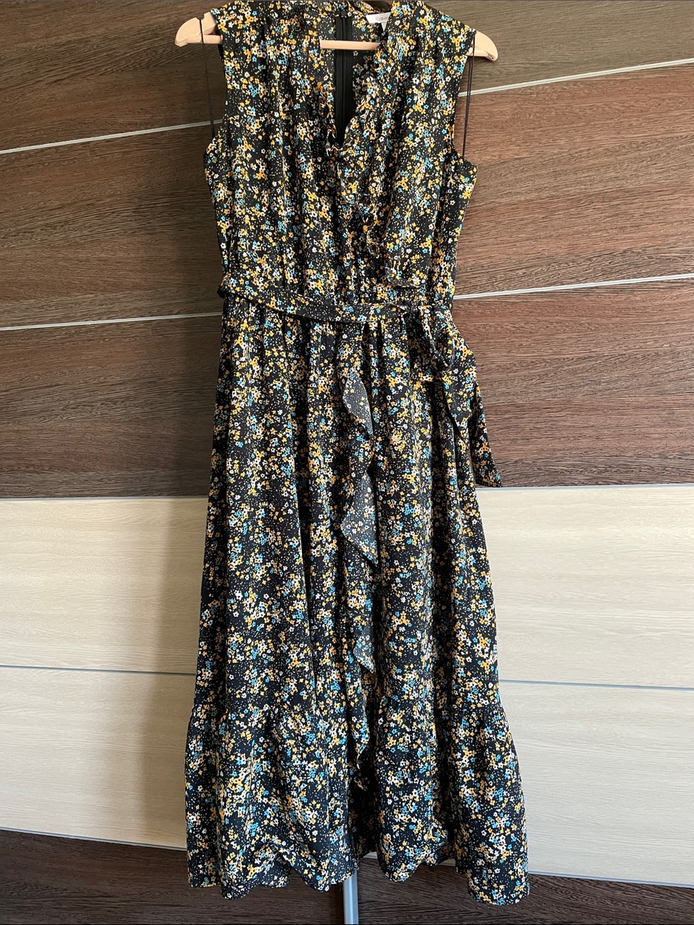 Calvin Klein Black Sleeveless Floral Maxi Dress with Belt